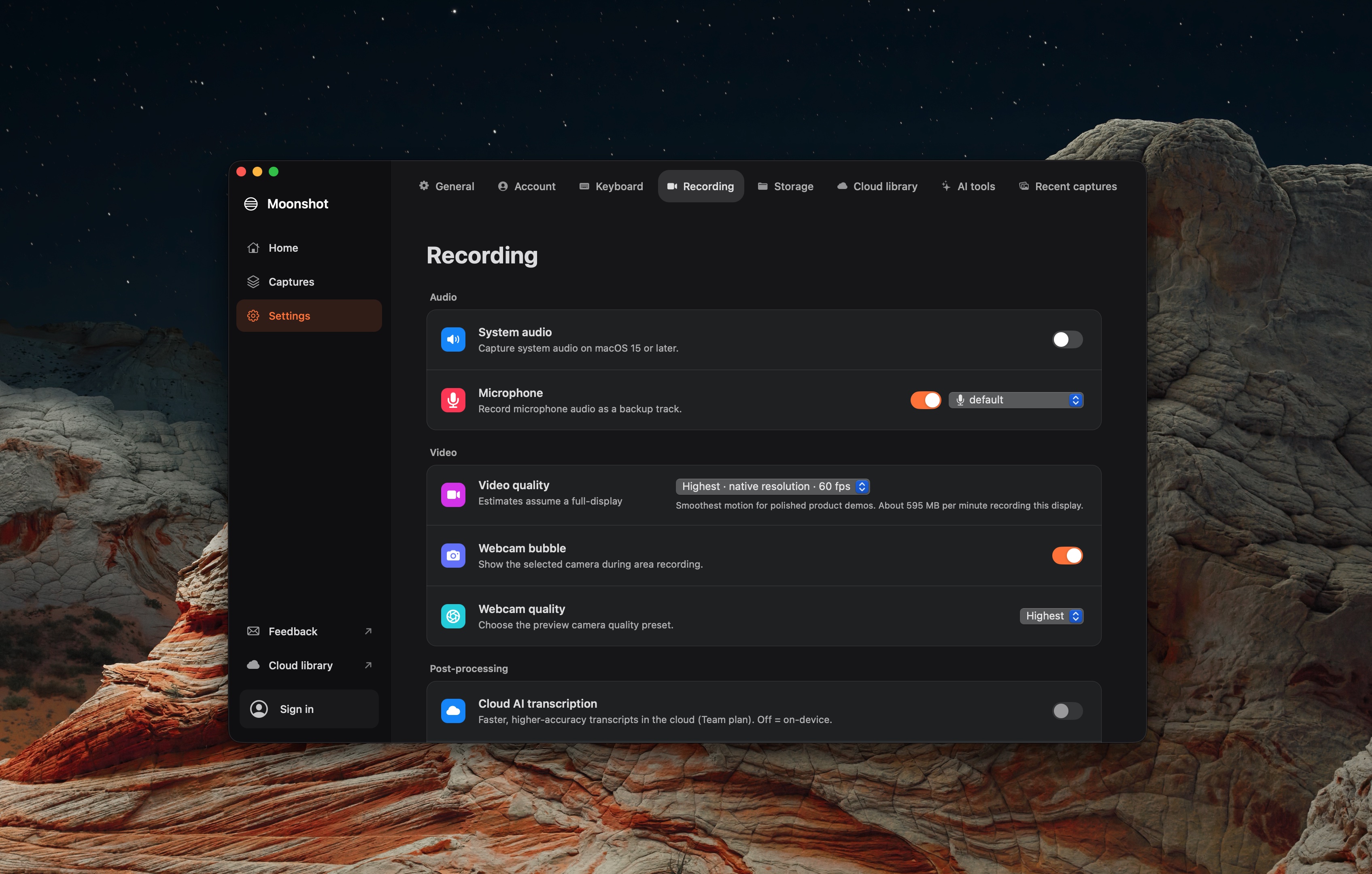 Moonshot settings used to check microphone and system audio separately